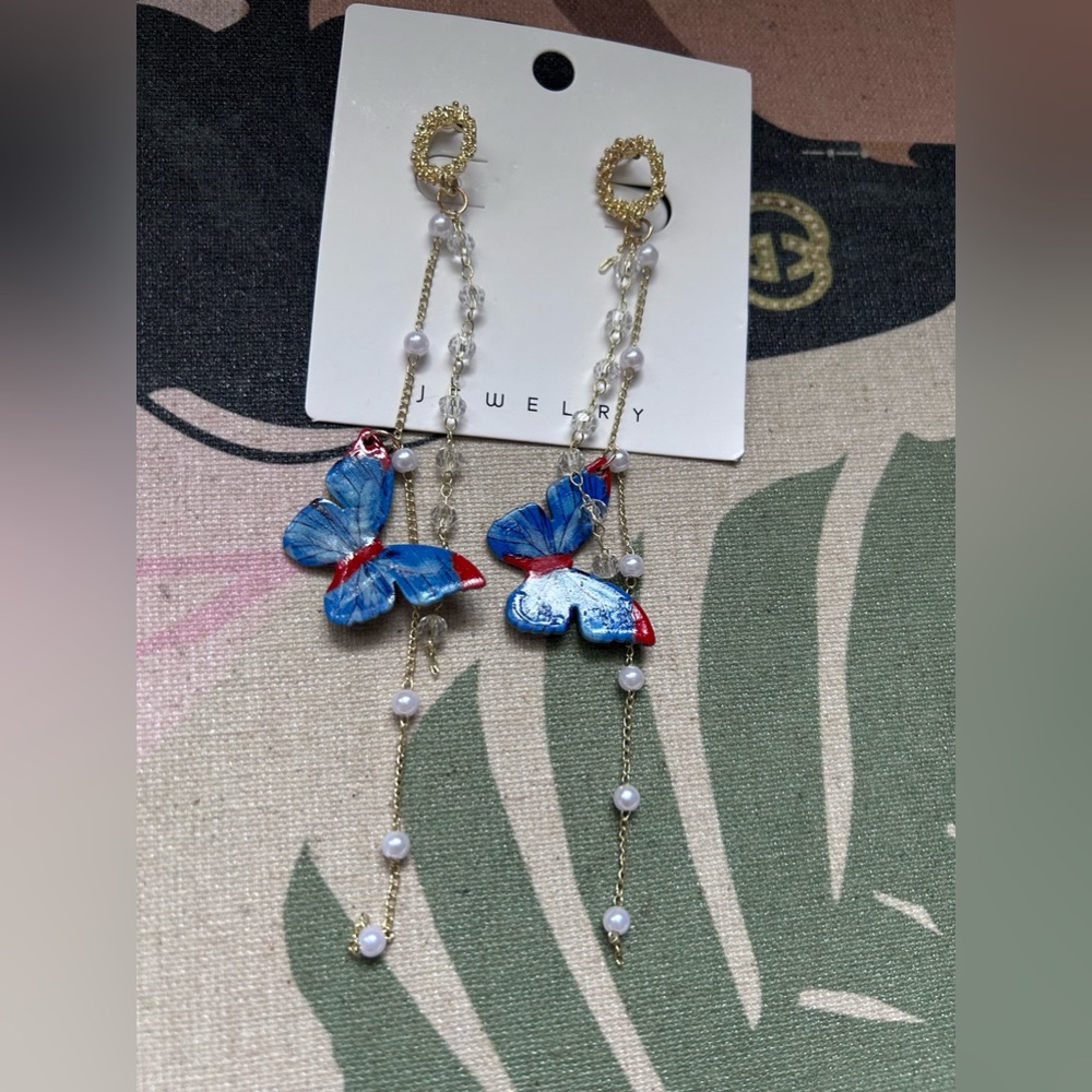 New! Butterfly long dangle earrings pearl accents
